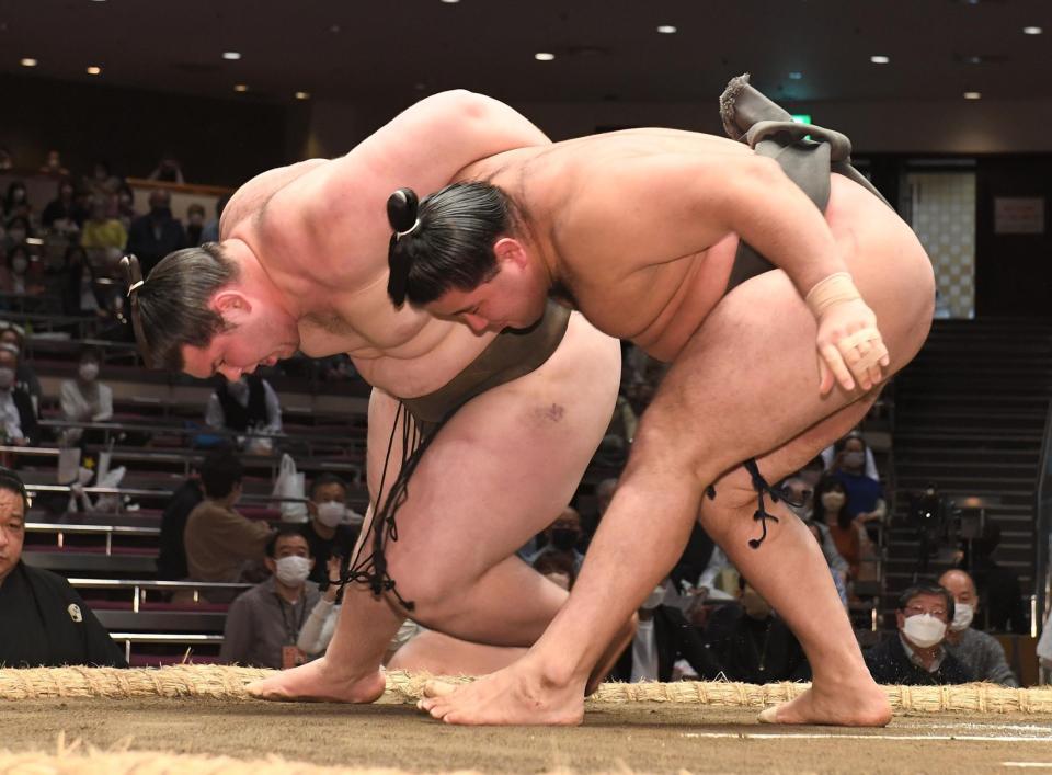 激しい攻防を見せる獅司（左）と狼雅＝両国国技館（撮影・金田祐二）