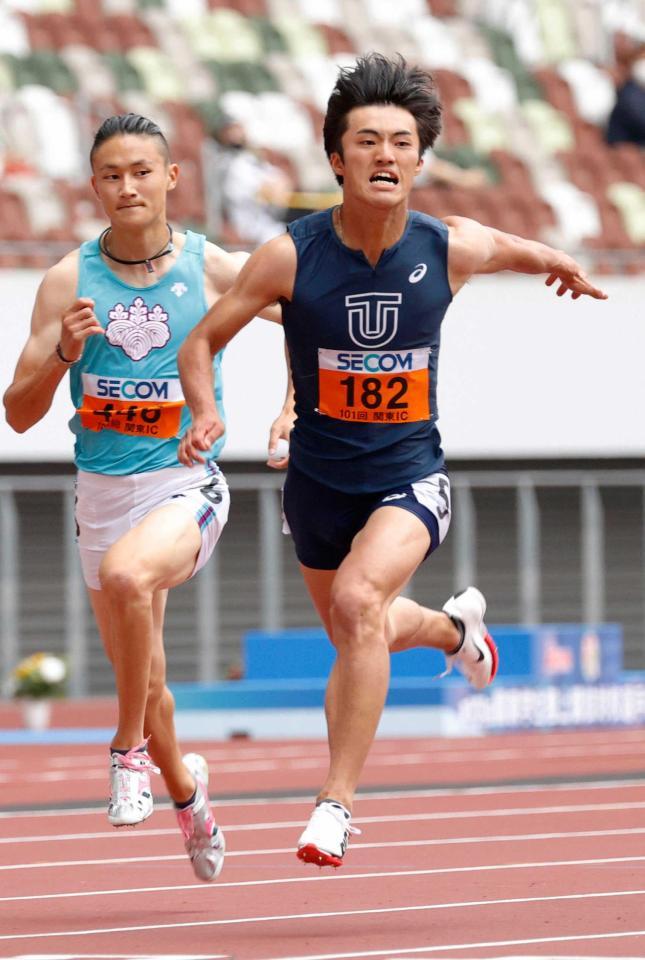 　男子１００メートルで優勝した柳田大輝
