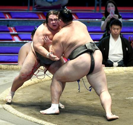 勝呂（左）を押し出しで破り、６戦全勝の朝乃山＝ドルフィンズアリーナ（撮影・佐藤厚）