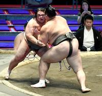 勝呂（左）を押し出しで破り、６戦全勝の朝乃山＝ドルフィンズアリーナ（撮影・佐藤厚）