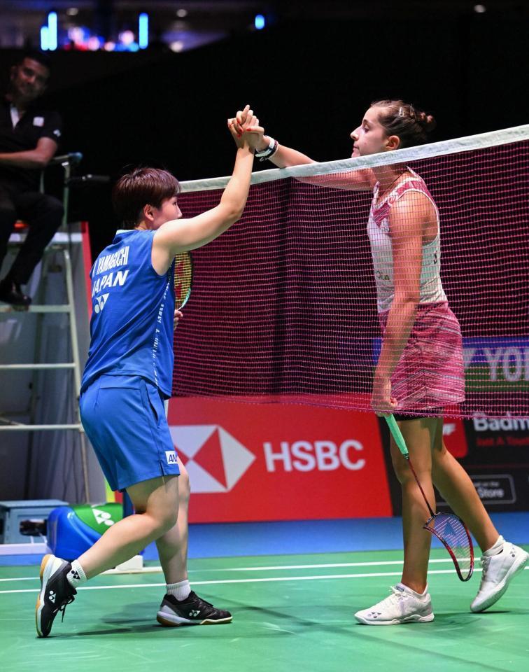 　女子シングルス準々決勝でスペインのカロリナ・マリンに勝利した山口茜（代表撮影）　