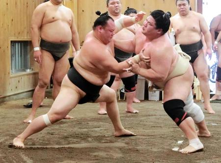 　申し合いで相手を押し込む宇良（右）