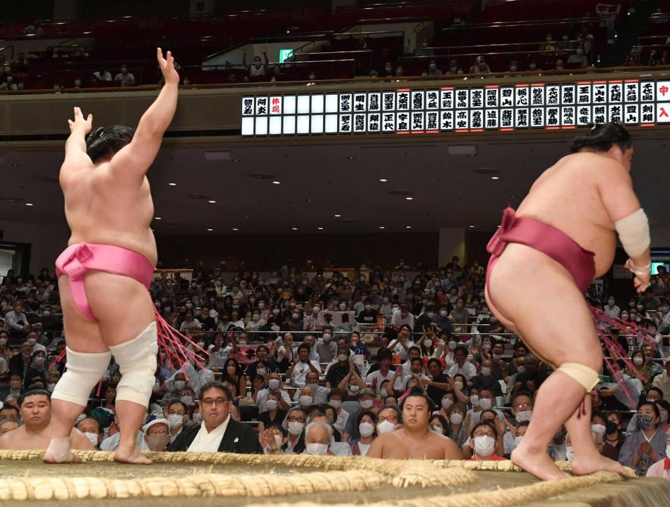 　大栄翔（右）を突き落としで破った宇良（撮影・佐々木彰尚）