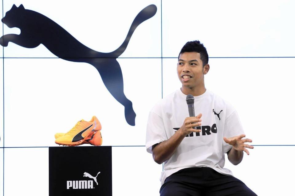 　凱旋報告会を行うサニブラウン・ハキーム＝都内（プーマ提供）