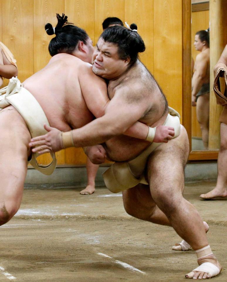 　琴ノ若（左）と相撲を取る高安