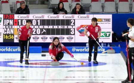 　カナダ戦でプレーするロコ・ソラーレの藤沢五月（左から２人目）ら＝カルガリー（共同）