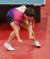 　フルセットの末に決勝進出を果たし、雄たけびをあげる張本智和（撮影・伊藤笙子）