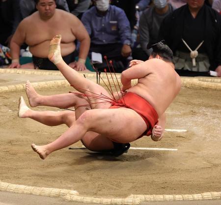 　河津かけで翠富士を下した豊昇龍（撮影・坂部計介）