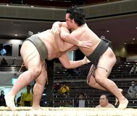 　瑞天龍（左）を肩すかしで破った須山（撮影・佐藤厚）