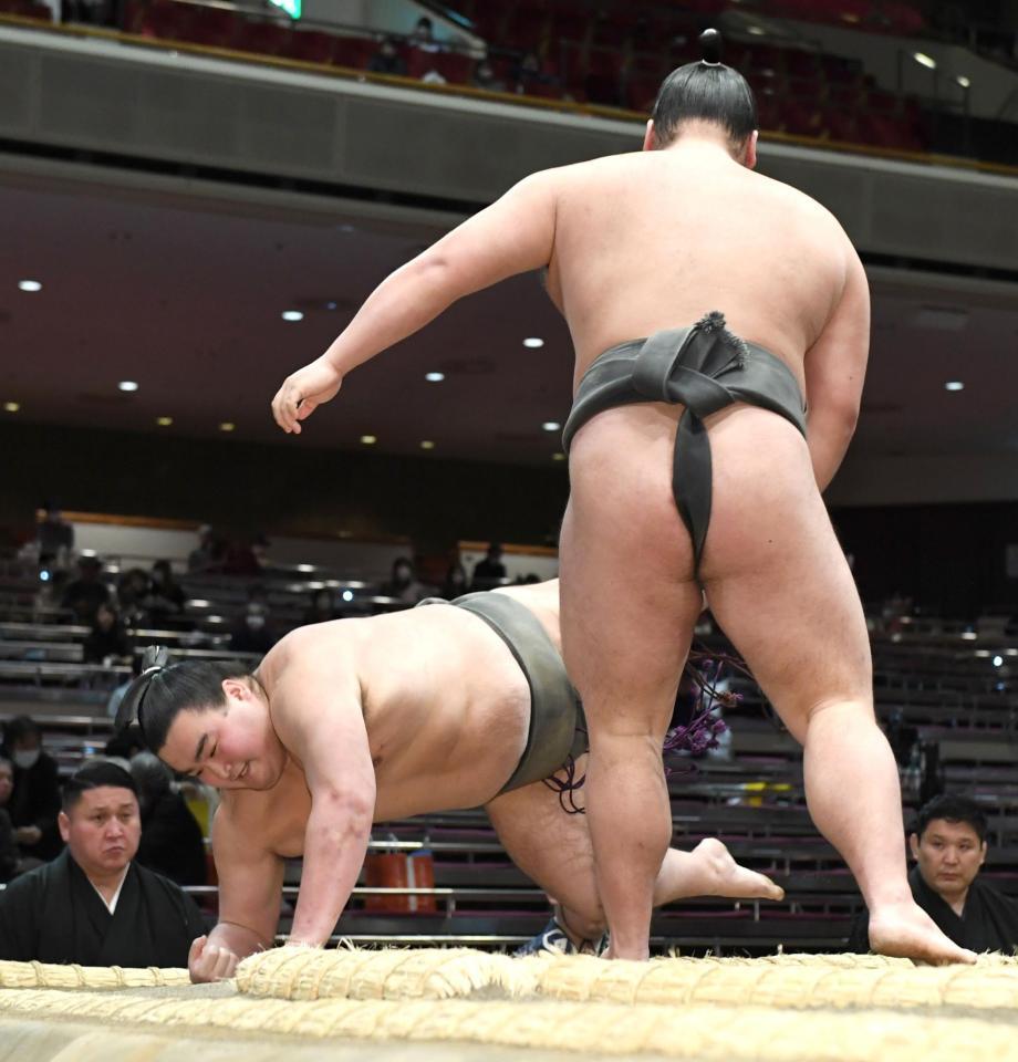 　坂井（右）に突き落としで敗れた朝阪神（撮影・佐藤厚）