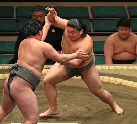 　勝利した朝白龍（右）＝撮影・三好信也