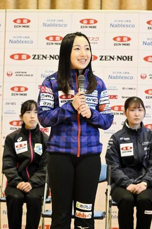 　記者会見で大会へ意気込むロコ・ソラーレの藤沢五月＝アドヴィックス常呂カーリングホール（Ｃ）ＪＣＡ　ＩＤＥ