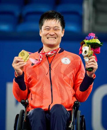 　東京パラリンピックの車いすテニス男子シングルスで金メダルを獲得した国枝慎吾さん＝２０２１年９月、有明テニスの森公園
