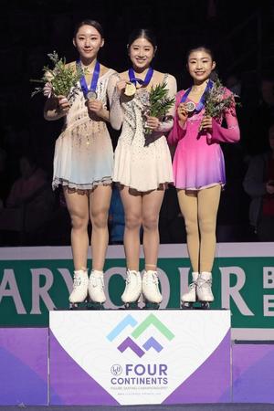 　女子で３位となり、表彰台でメダルを掲げる千葉百音（右）（ＩＳＵ提供・ゲッティ＝共同）