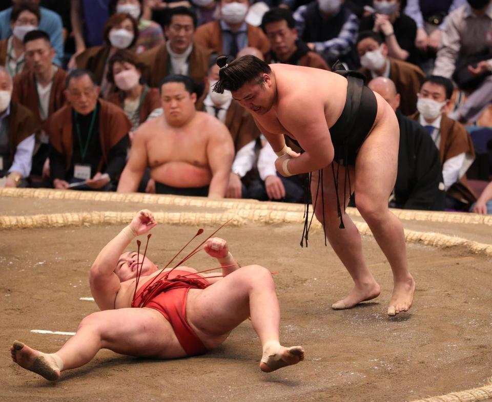 霧馬山の上手投げで土俵に倒れた豊昇龍（撮影・坂部計介）