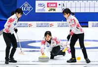 　カナダとのプレーオフでショットを放つ藤沢（中央）＝共同