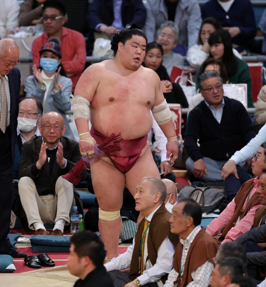 　優勝決定戦で霧馬山に敗れ、土俵を後にする大栄翔（撮影・山口登）