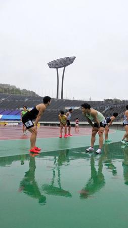 　予選を終えた（左から）桐生祥秀、山縣亮太