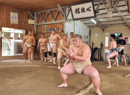 　稽古に励む海洋高の相撲部員ら＝４月５日、新潟県糸魚川市