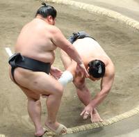 　大翔丸（左）を押し出しで破り幕下優勝を決めた木竜皇（撮影・吉澤敬太）