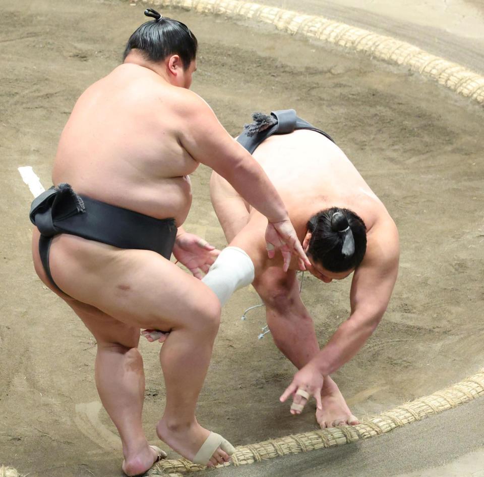 　大翔丸（左）を押し出しで破り幕下優勝を決めた木竜皇（撮影・吉澤敬太）