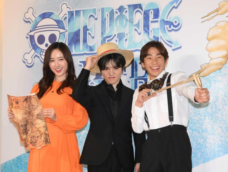 　「ワンピース・オン・アイス～エピソード・オブ・アラバスタ～」記者発表に登場した（左から）本田望結、宇野昌磨、織田信成（撮影・堀内翔）