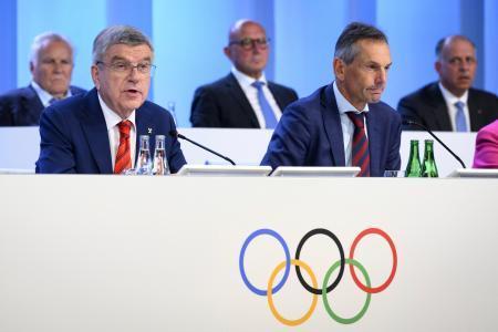 　ＩＯＣ臨時総会でのバッハ会長＝２２日、ローザンヌ（ＡＰ＝共同）