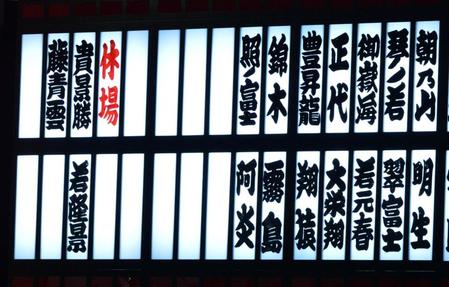 　休場者を示す電光掲示版。新大関・霧島も休場のため大関不在の場所となる（撮影・和田康志）