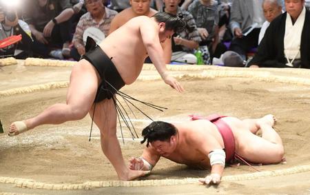 　逆転のはたき込みで大栄翔（右）に勝利した若元春（撮影・佐藤厚）