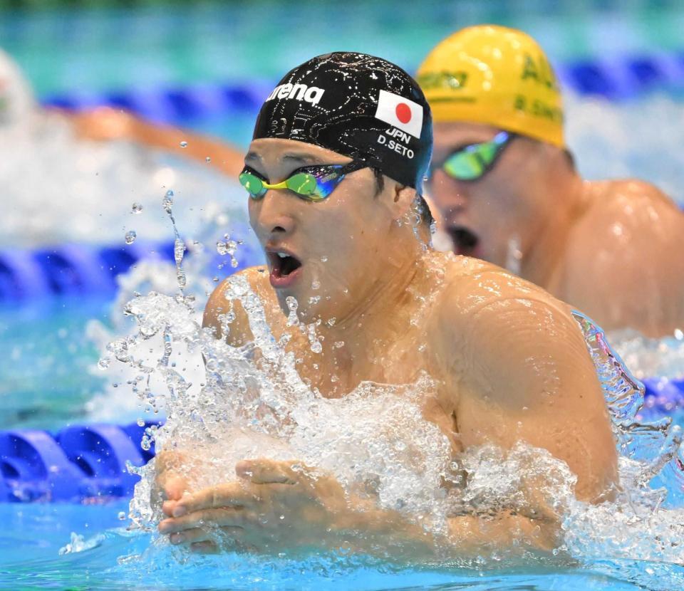 　男子４００メートル個人メドレー決勝で銅メダルを獲得した瀬戸大也（撮影・中田匡峻）