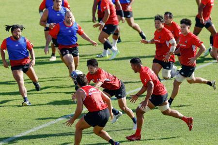 　ラグビーＷ杯フランス大会のチリ戦に向け練習する日本代表の選手たち＝８日、トゥールーズ（共同）