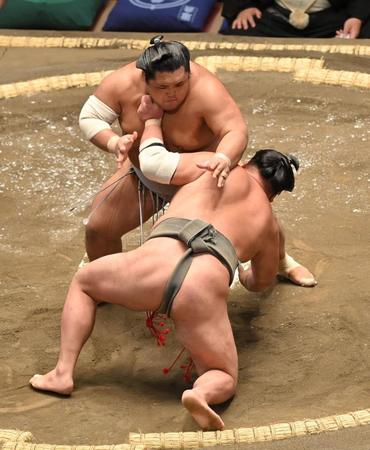 　塚原を石倒しで破る天照鵬（撮影・西岡正）