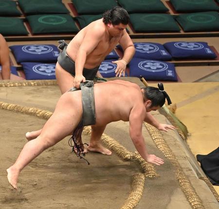 　安強羅（上）に上手投げで敗れた朝阪神（撮影・西岡正）