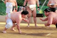 　紫雷（左）と相撲をとる宇良
