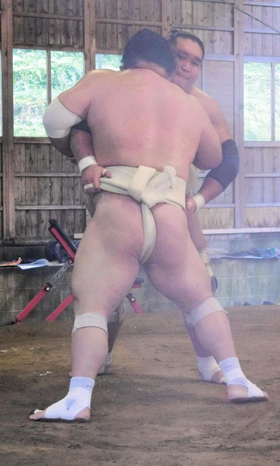 　宝富士（手前）と相撲をとる照ノ富士