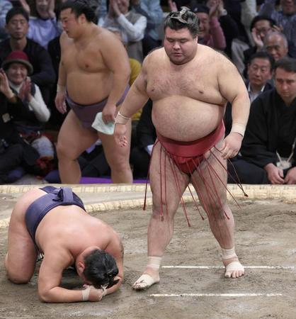 　豊昇龍（右）を小またすくいで破った高安