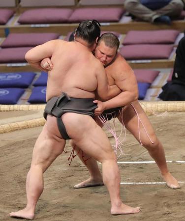 　二十城（手前）を寄り切りで破った安青錦