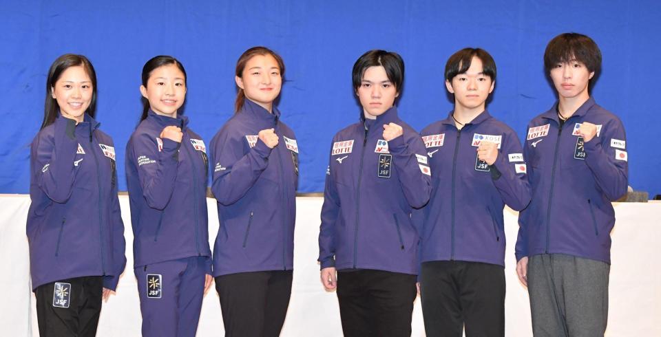 　世界選手権に出場する（左から）吉田陽菜、千葉百音、坂本花織、宇野昌磨、鍵山優真、三浦佳生（撮影・佐々木彰尚）