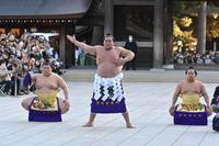 　奉納土俵入りを披露する照ノ富士（中央）＝撮影・西岡正 