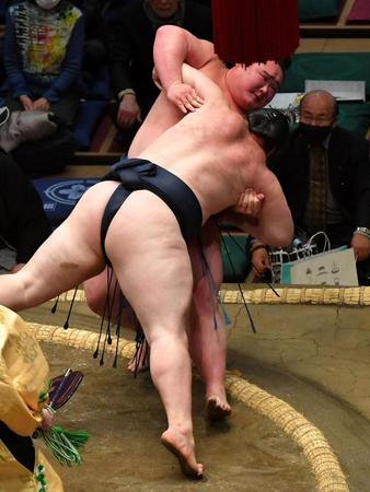 　獅司（手前）に寄り倒される白熊（撮影・持木克友）