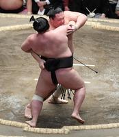 　明生（左）を寄り切りで破った朝乃山（撮影・棚橋慶太）