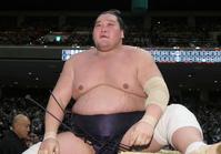 　正代に寄り倒しで敗れ、ぼう然とする照ノ富士