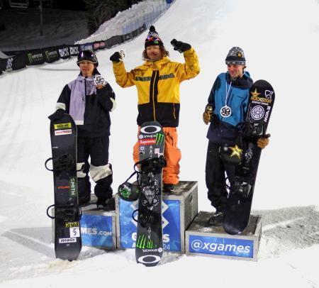 　スノーボードのビッグエア男子で優勝した長谷川帝勝（中央）と２位の国武大晃（左）＝アスペン（共同）