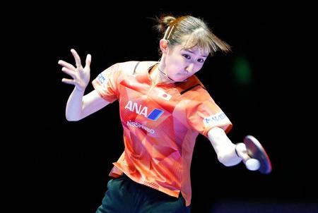 　女子１次リーグ　ブラジル戦でプレーする早田ひな＝釜山（共同）