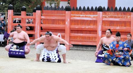 　横綱土俵入りを奉納する照ノ富士（左から２人目）