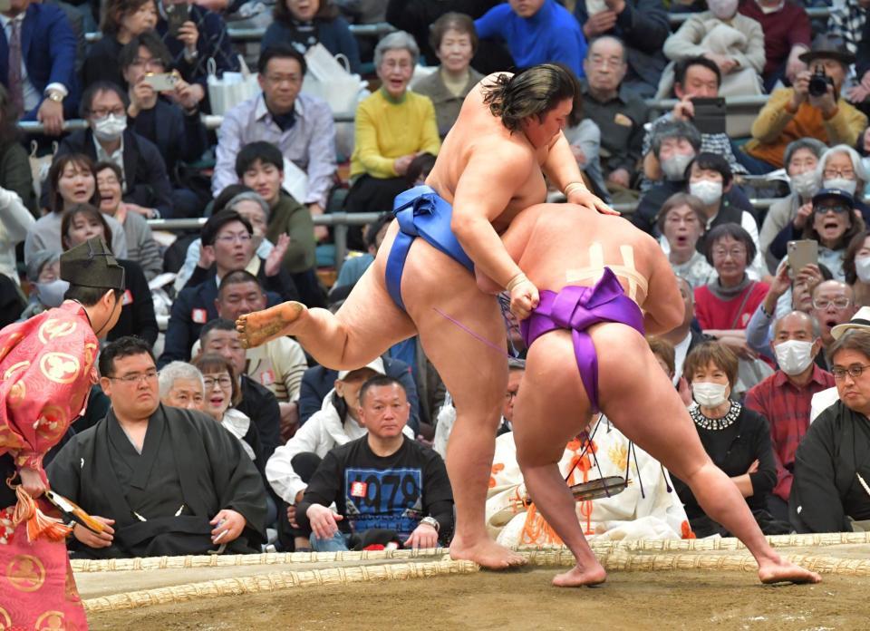 　一気の出足で大の里（左）を破った尊富士（撮影・和田康志）