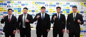　体重無差別の全日本選手権に向けて意気込む（左から）川端、影浦、王子谷、羽賀、原沢