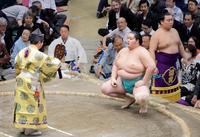 　翔猿を下し、勝ち名乗りを受ける琴桜