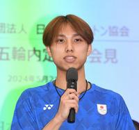 　パリ五輪のバドミントン競技日本代表に選ばれた男子シングルス・奈良岡功大（撮影・佐々木彰尚）