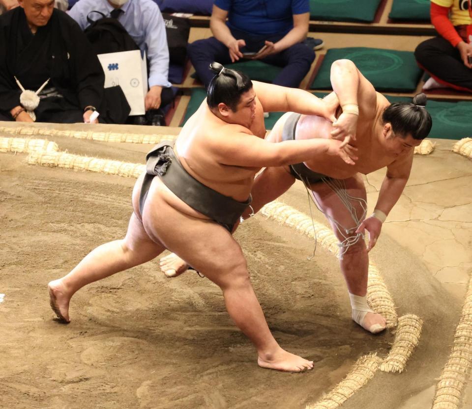 　木曽皇（右）を押し出しで破る嘉陽（撮影・山崎力夫）